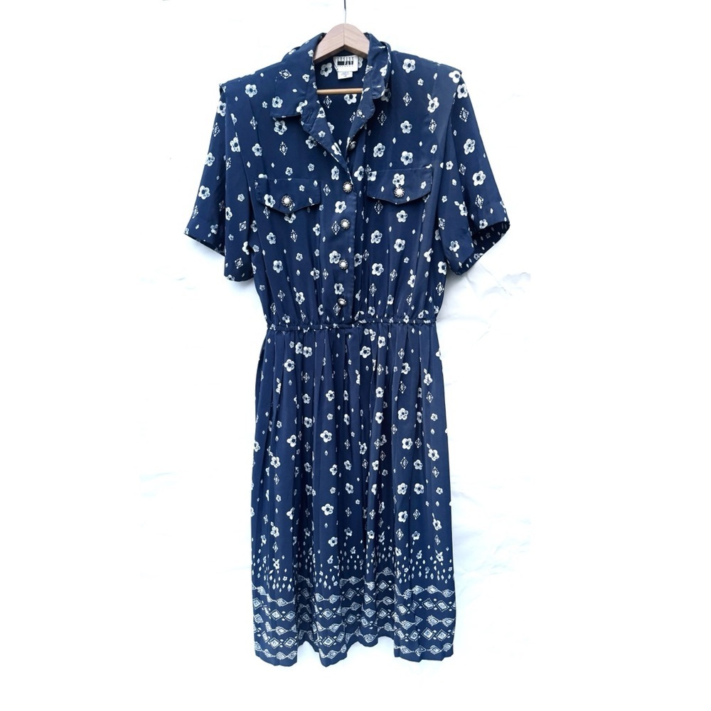 Leslie Fay vintage navy, white print midi shirt dress size 14 z26